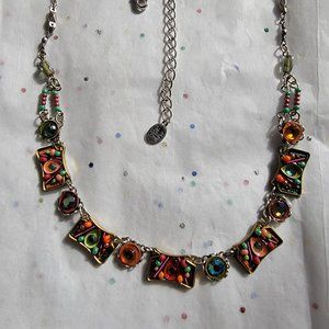 ADAYA SPARKLY ENAMEL, CRYSTAL, BEAD LINKED  VINTAGE SILVER TONE NECKLACE NEW